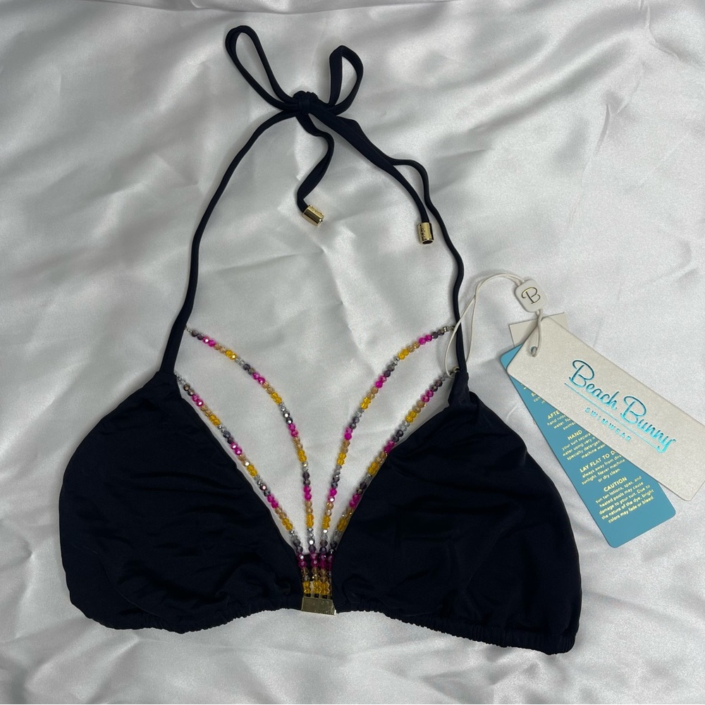 New Beach Bunny Out Of Your League Beaded Bikini Top In Black Size Large